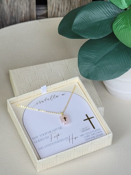 Isabella M Jewelry - Isabella M 18K Gold-Plated Genuine Pink Stone Cross Pendant Necklace
